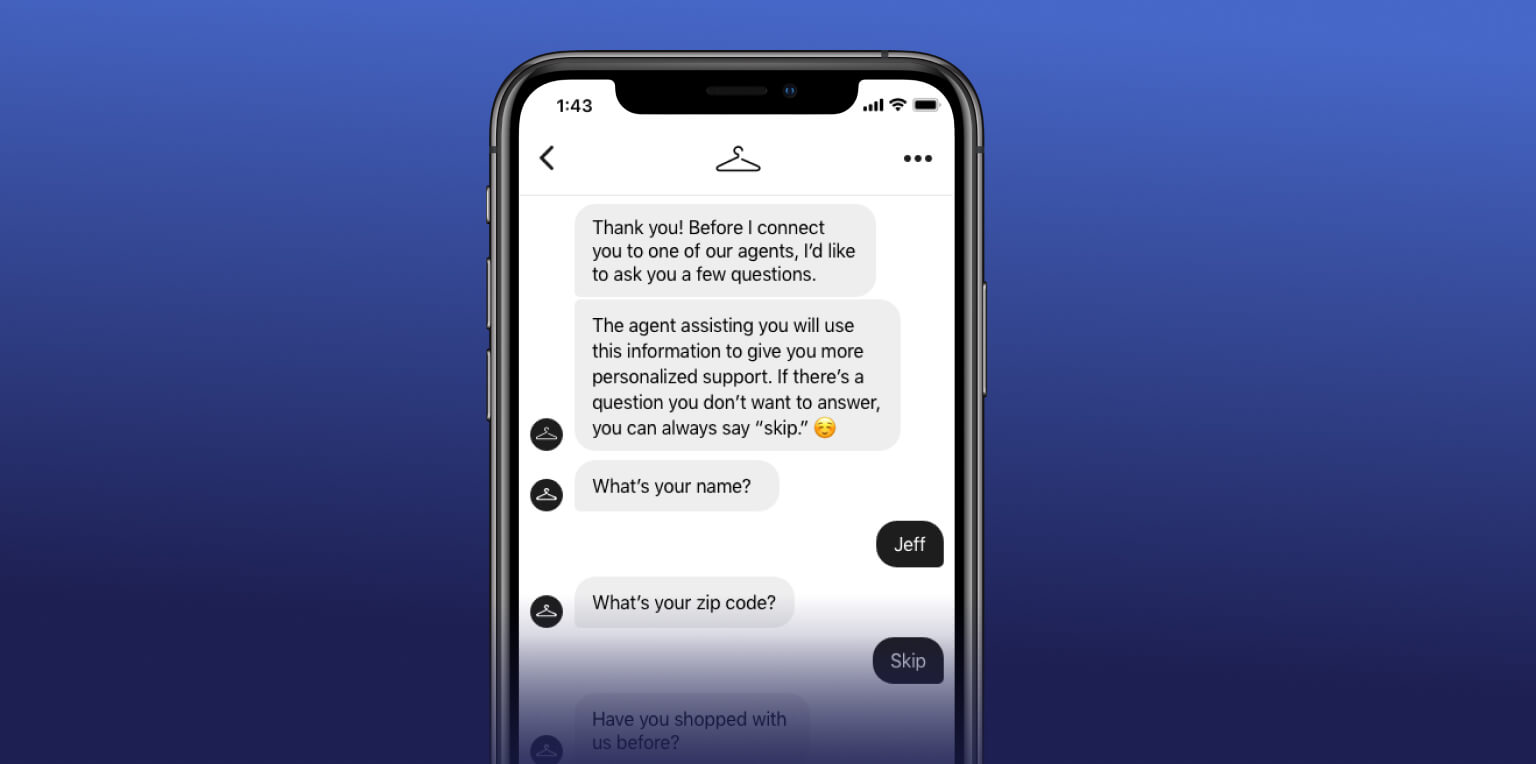 Text messaging conversation where retailer gathers and gets permission to use first-party data