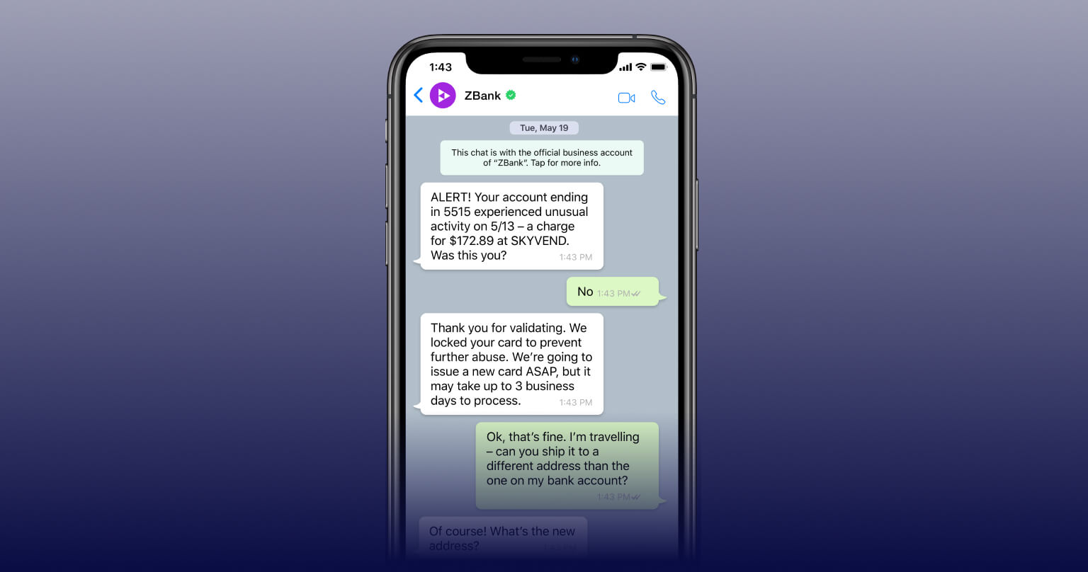 WhatsApp conversation between a consumer and bank