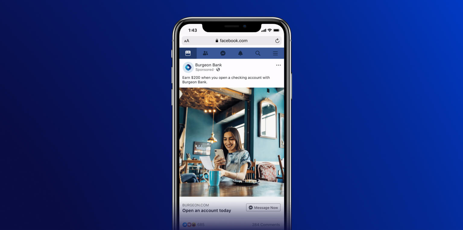 Facebook conversational ad example for a opening a bank account