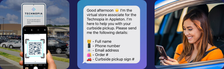 Shopper scans QR code in parking lot, texting with the store to pick up order