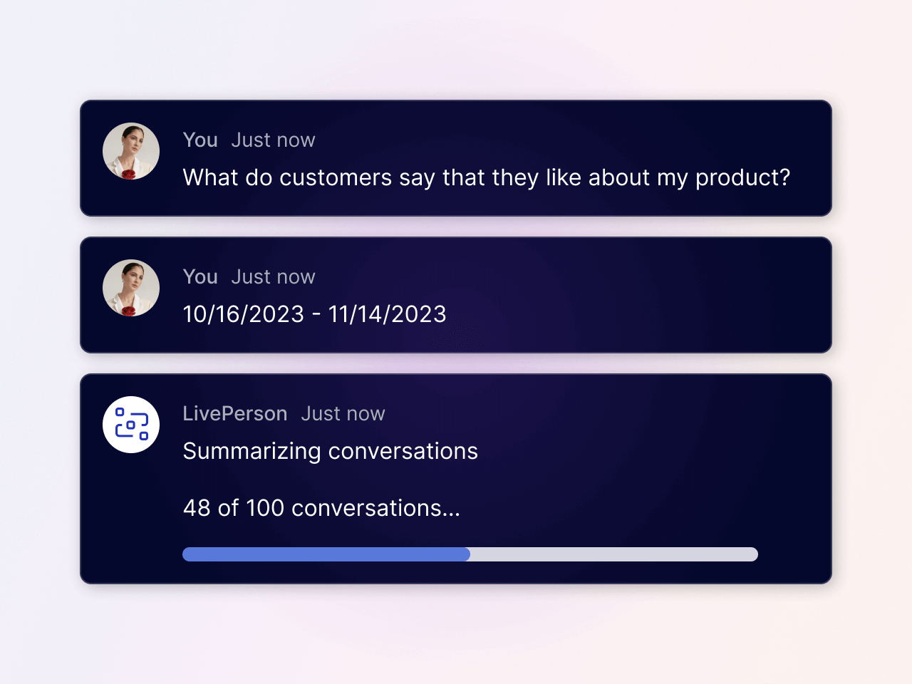 Example of LivePerson's AI model making customer data stats easier to gather
