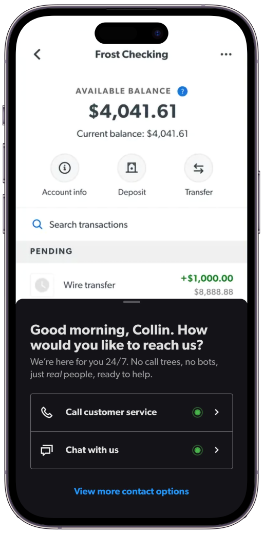 banking mobile app with option to chat with the support team on their digital experience platform