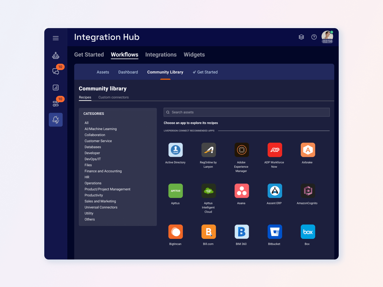 LivePerson integration hub dashboard, showing more ways to connect your tech stack and customer data for your omnichannel messaging strategy