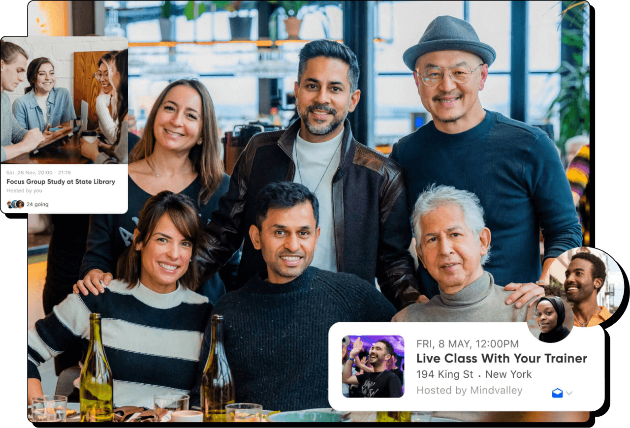 Group of people surrounded by Mindvalley class options, illustrating the customer journey of personal growth